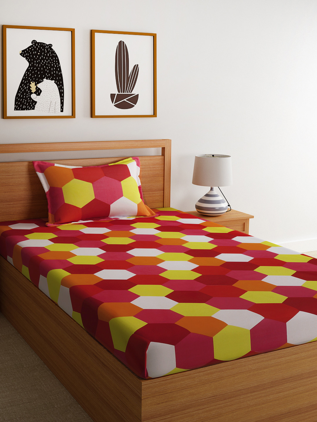 

Dreamscape Red Multicoloured Geometric Flat 144 TC Cotton 1 Single Bedsheet with 1 Pillow Covers