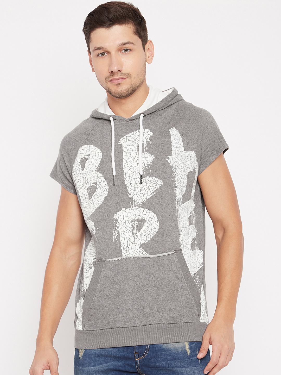 

Being Human Men Grey & White Printed Hooded Sweatshirt