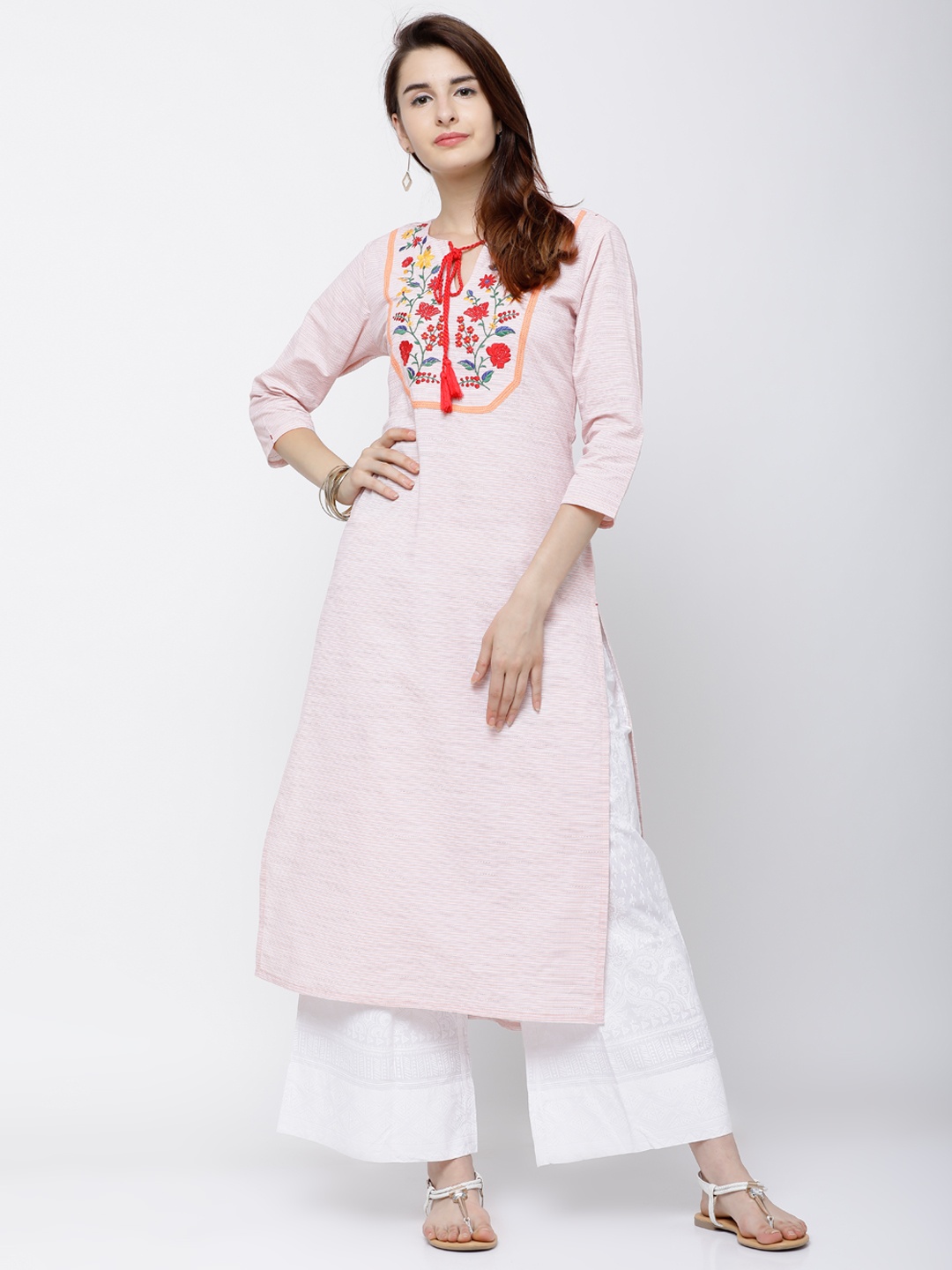 

Vishudh Women Coral & White Embroidered Straight Kurta