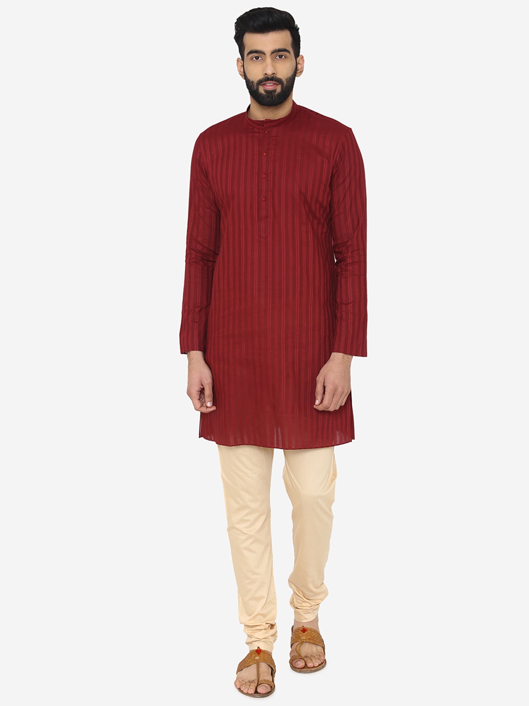 

Manyavar Men Maroon Striped Straight Kurta