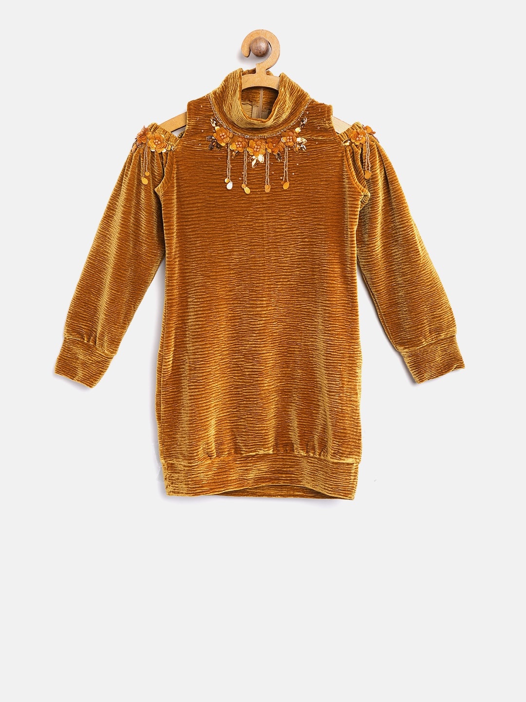 

Tiny Girl Mustard Brown Self Design Jewel Neck Longline Top