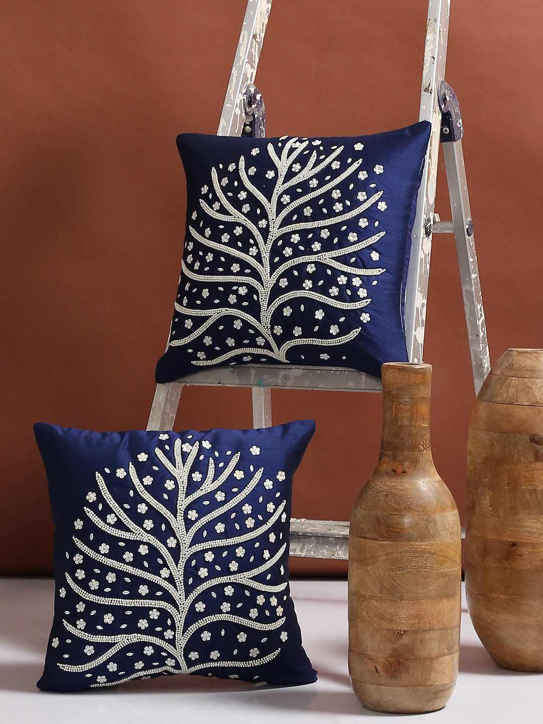 

Alina decor Navy Blue Set of 2 Floral Square Cushion Covers