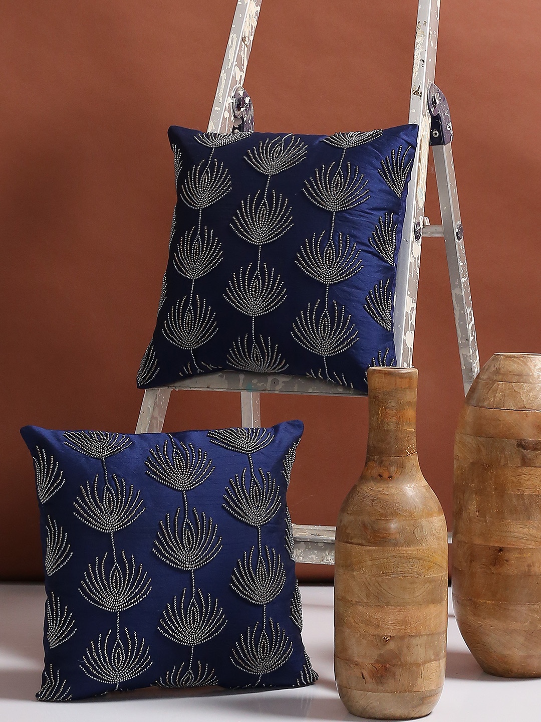 

Alina decor Navy Blue Set of 2 Floral Square Cushion Covers