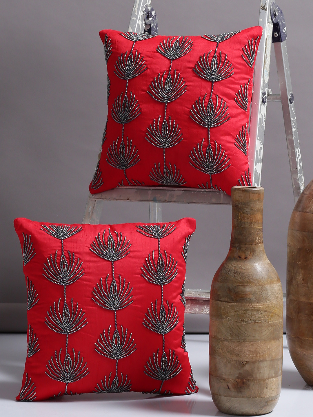 

Alina decor Red Set of 2 Embellished Square Cushion Covers