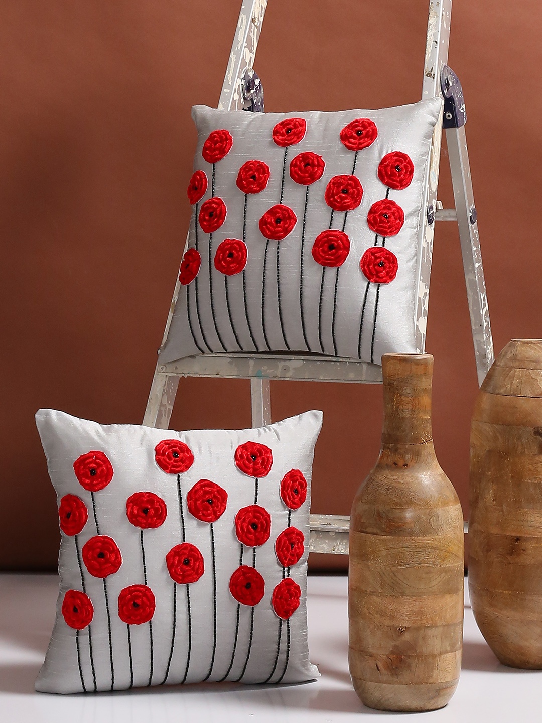 Alina decor Grey Set of 2 Floral Square Cushion Covers