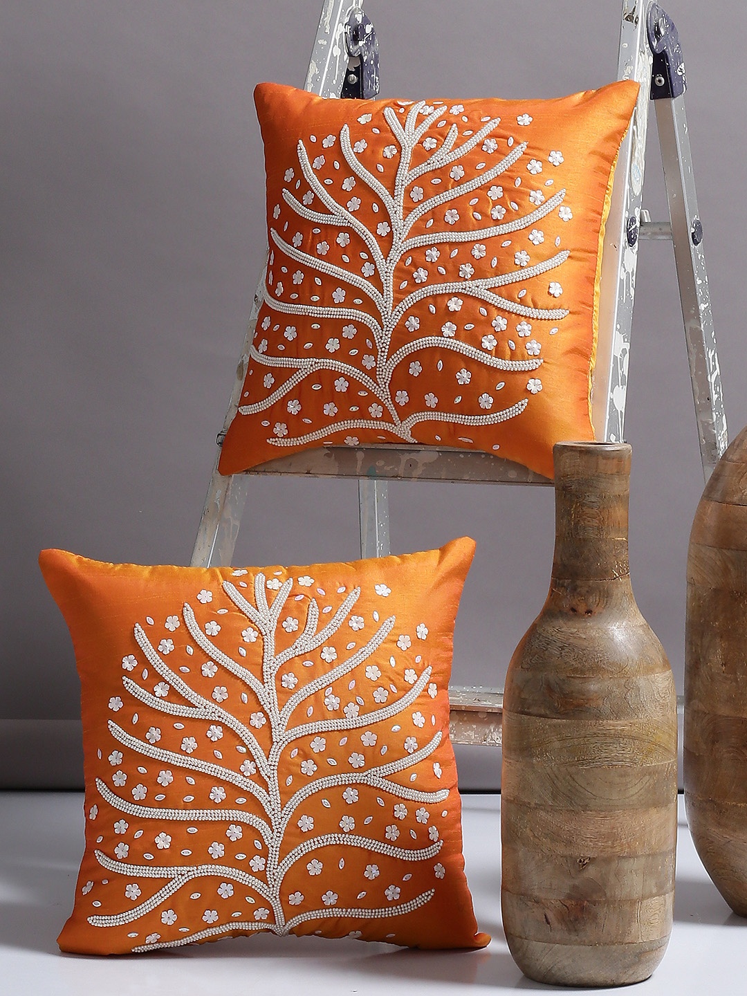 

Alina decor Orange Set of 2 Floral Square Cushion Covers