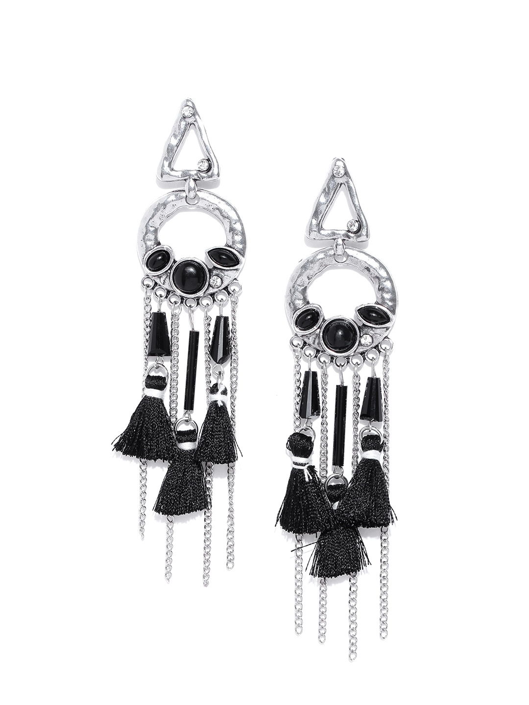 

Jewels Galaxy Silver-Toned & Black Handcrafted Tasselled Contemporary Drop Earrings