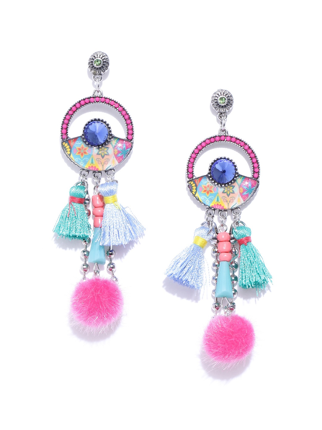 

Jewels Galaxy Blue & Pink Handcrafted Tasselled Contemporary Drop Earrings