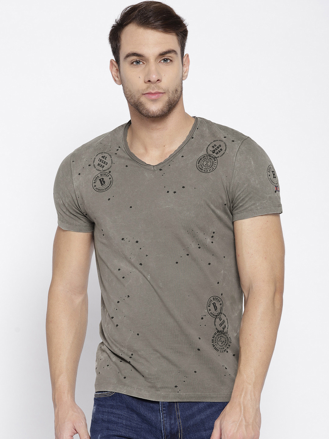

Being Human Men Grey Printed V-Neck T-shirt