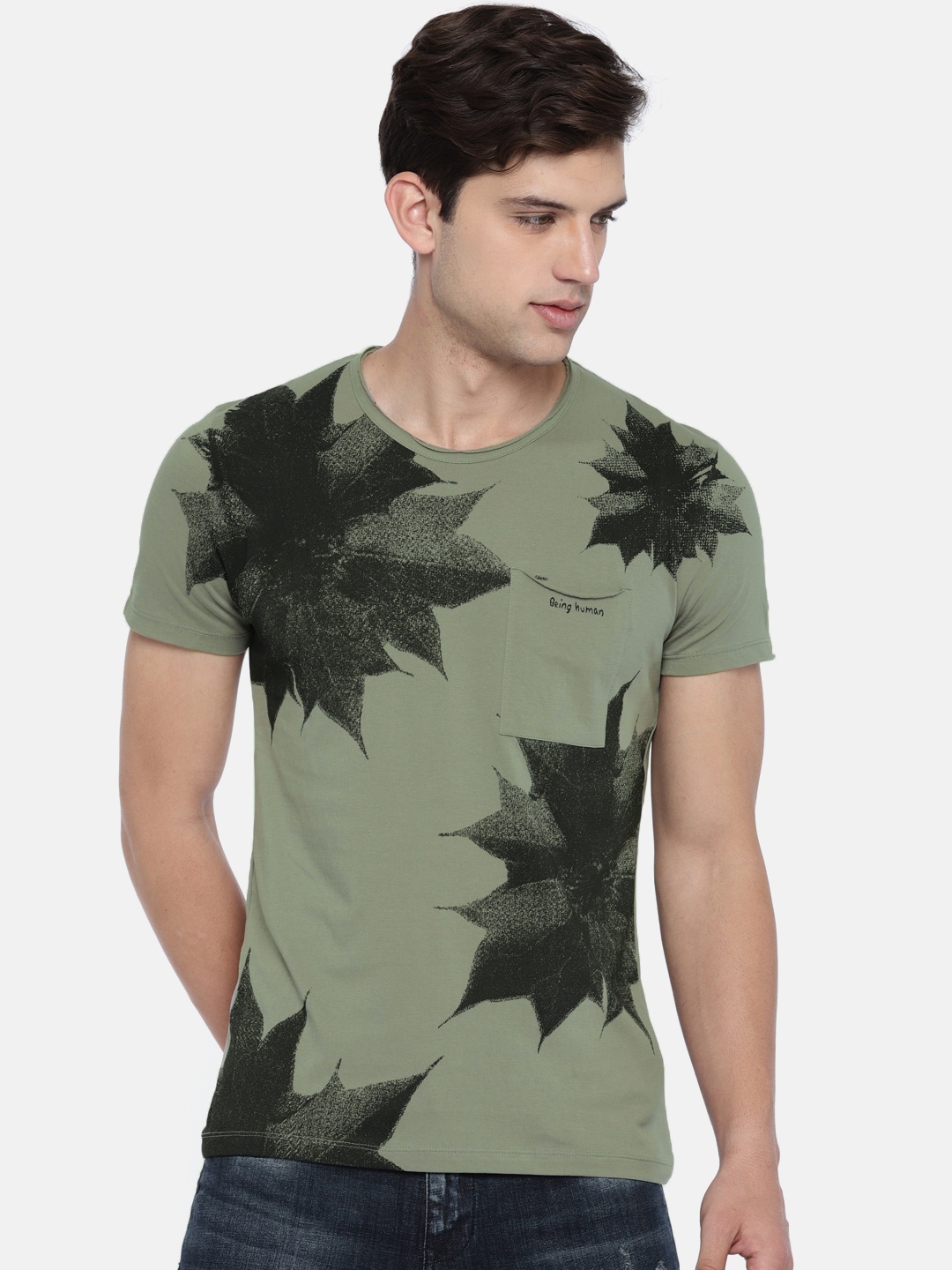 

Being Human Men Grey Floral Printed Round Neck Pure Cotton T-shirt