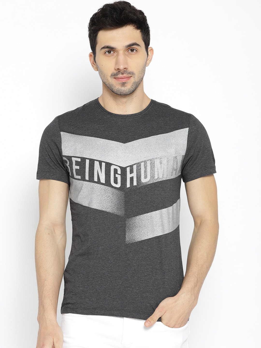 

Being Human Men Charcoal Grey Solid Round Neck T-shirt