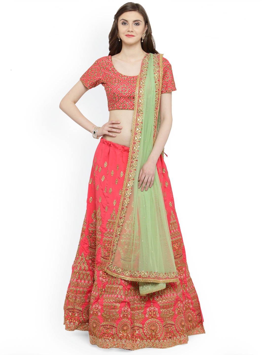 

Shaily Pink & Gold-Toned Embellished Ready to Wear Lehenga & Unstitched Blouse with Dupatta