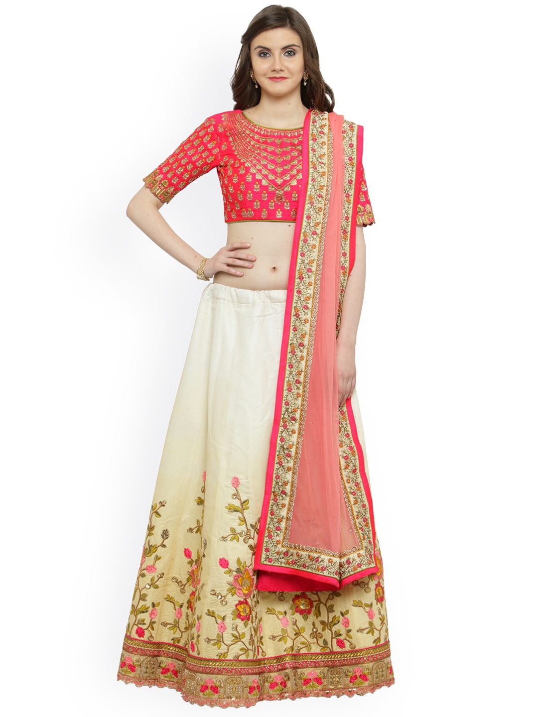 

Shaily Cream-Coloured & Pink Embellished Semi-Stitched Lehenga & Unstitched Blouse with Dupatta