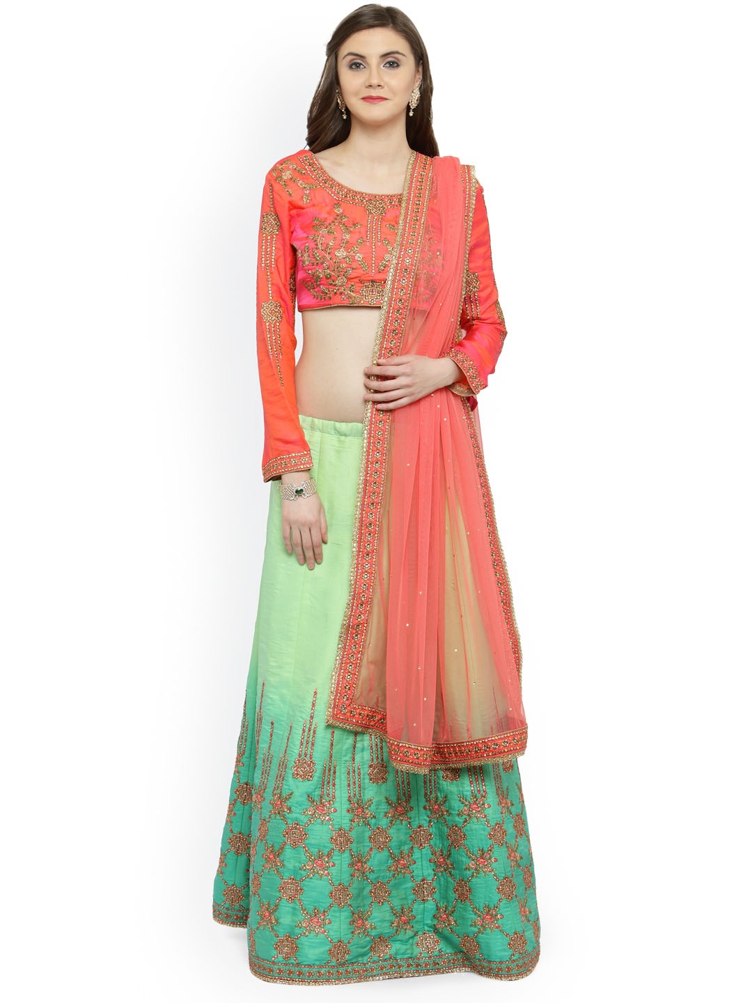 

Shaily Peach-Coloured & Green Embellished Semi-Stitched Lehenga & Unstitched Blouse with Dupatta