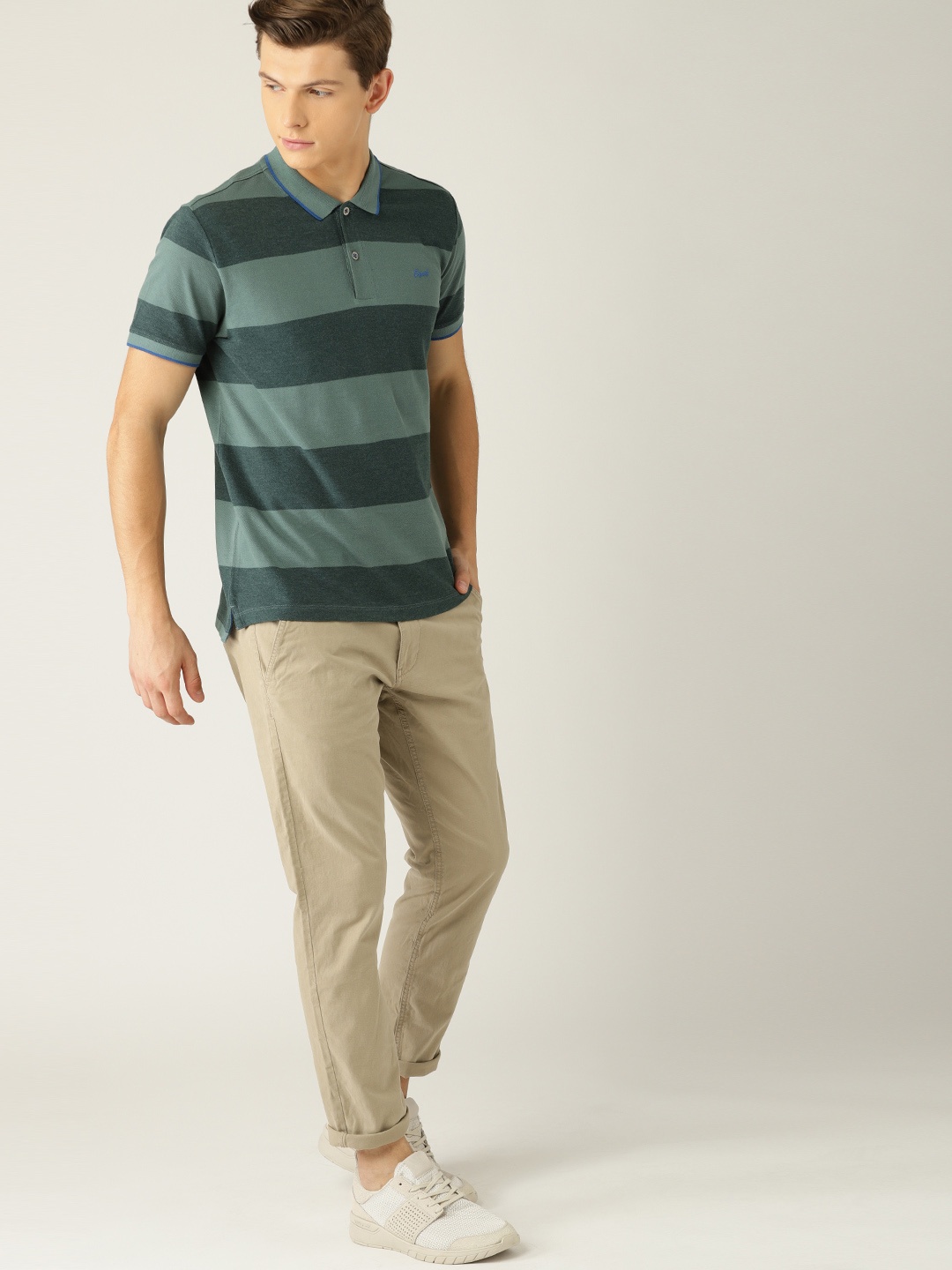 

ESPRIT Men Green Striped Polo Collar T-shirt
