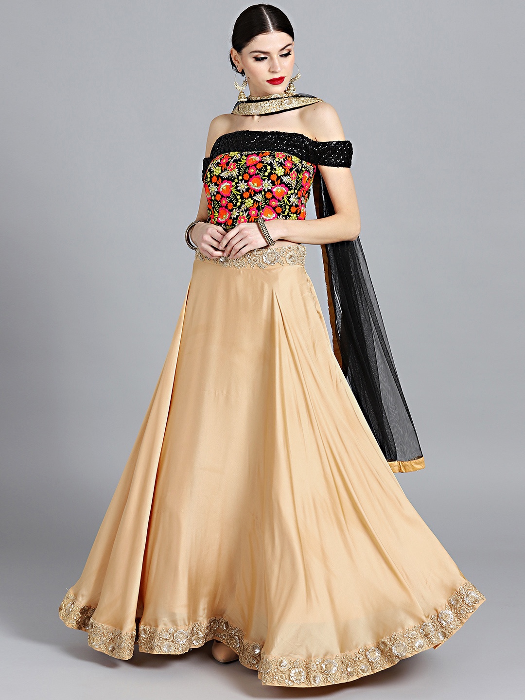 

Ethnovog Black Beige Made to Measure Embroidered Lehenga Blouse with Dupatta