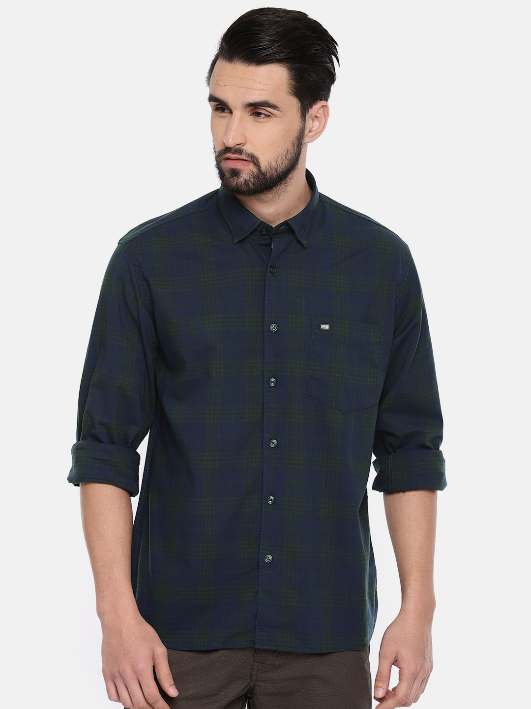 

Arrow Sport Men Navy Blue & Green Slim Fit Checked Casual Shirt