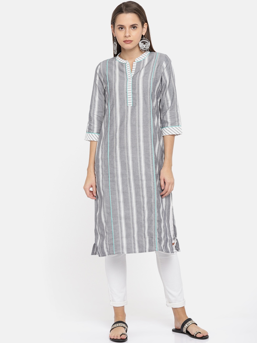 

AURELIA Women Grey & White Striped Straight Kurta