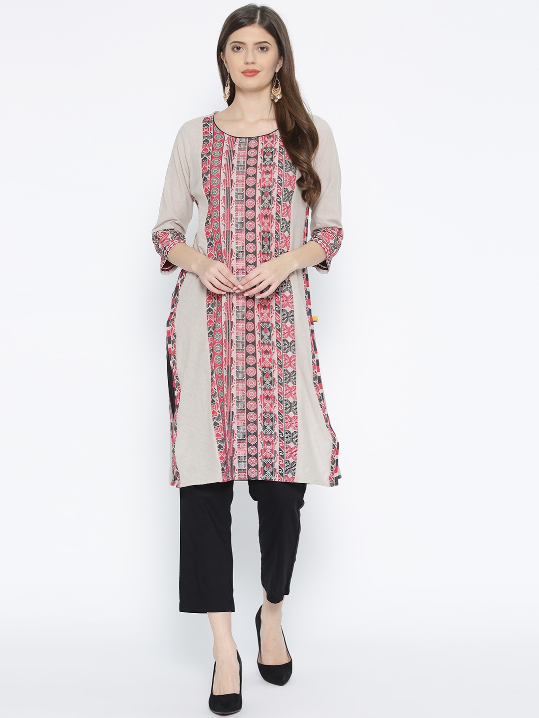 

AURELIA Women Grey & Pink Woven Design Straight Kurta