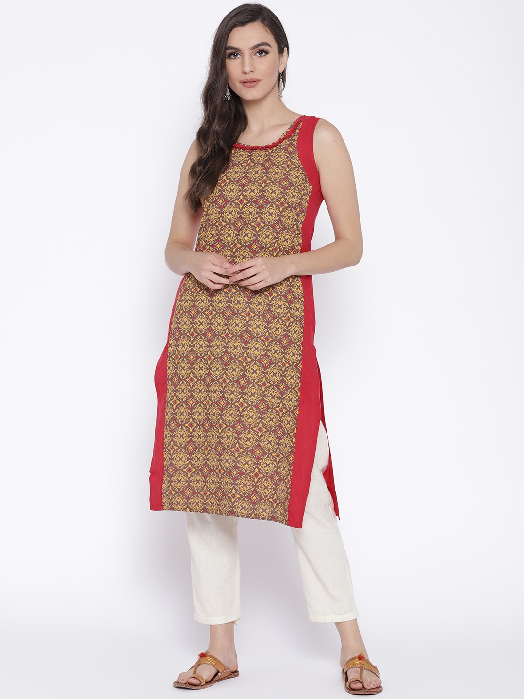 

AURELIA Women Brown & Red Printed Straight Kurta