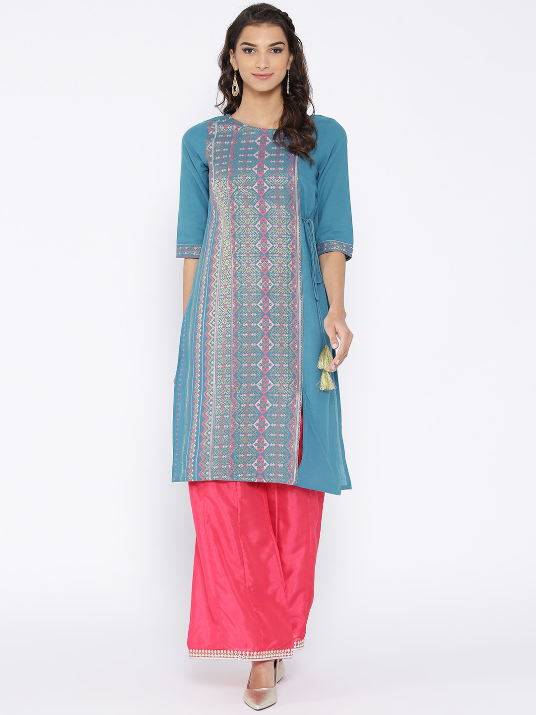 

AURELIA Women Blue & Pink Woven Design Straight Kurta