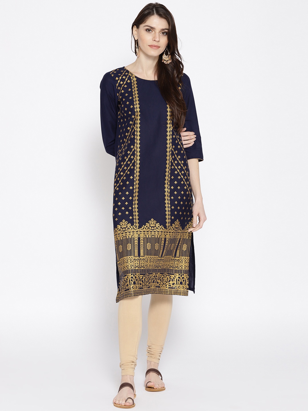 

AURELIA Women Navy & Golden Printed Straight Kurta, Navy blue