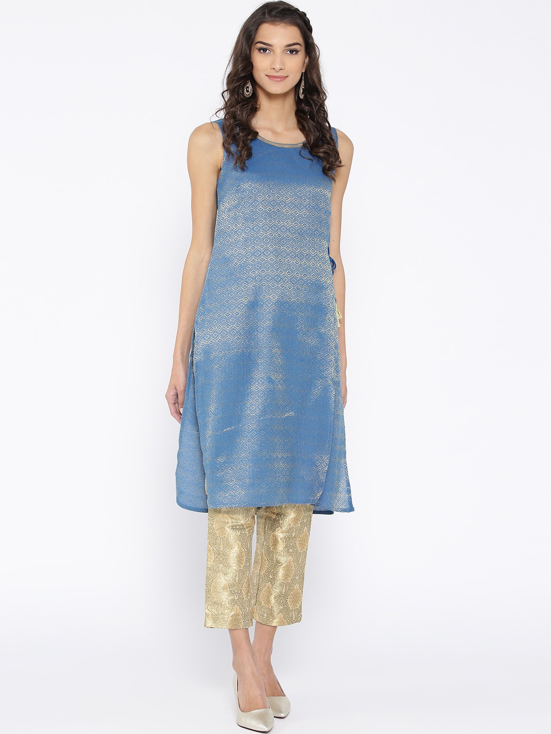 

AURELIA Women Blue & Golden Woven Design Straight Kurta