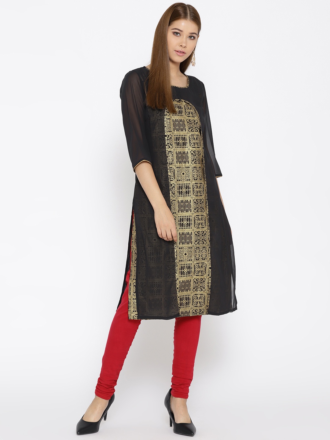 

AURELIA Women Black & Golden Layered Printed Straight Kurta