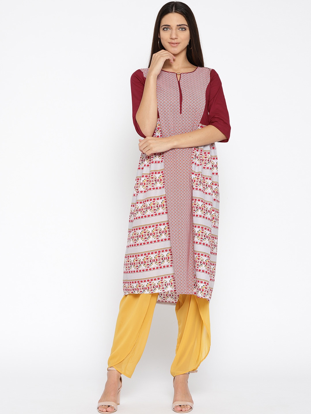 

AURELIA Women Maroon & White Printed A-Line Kurta