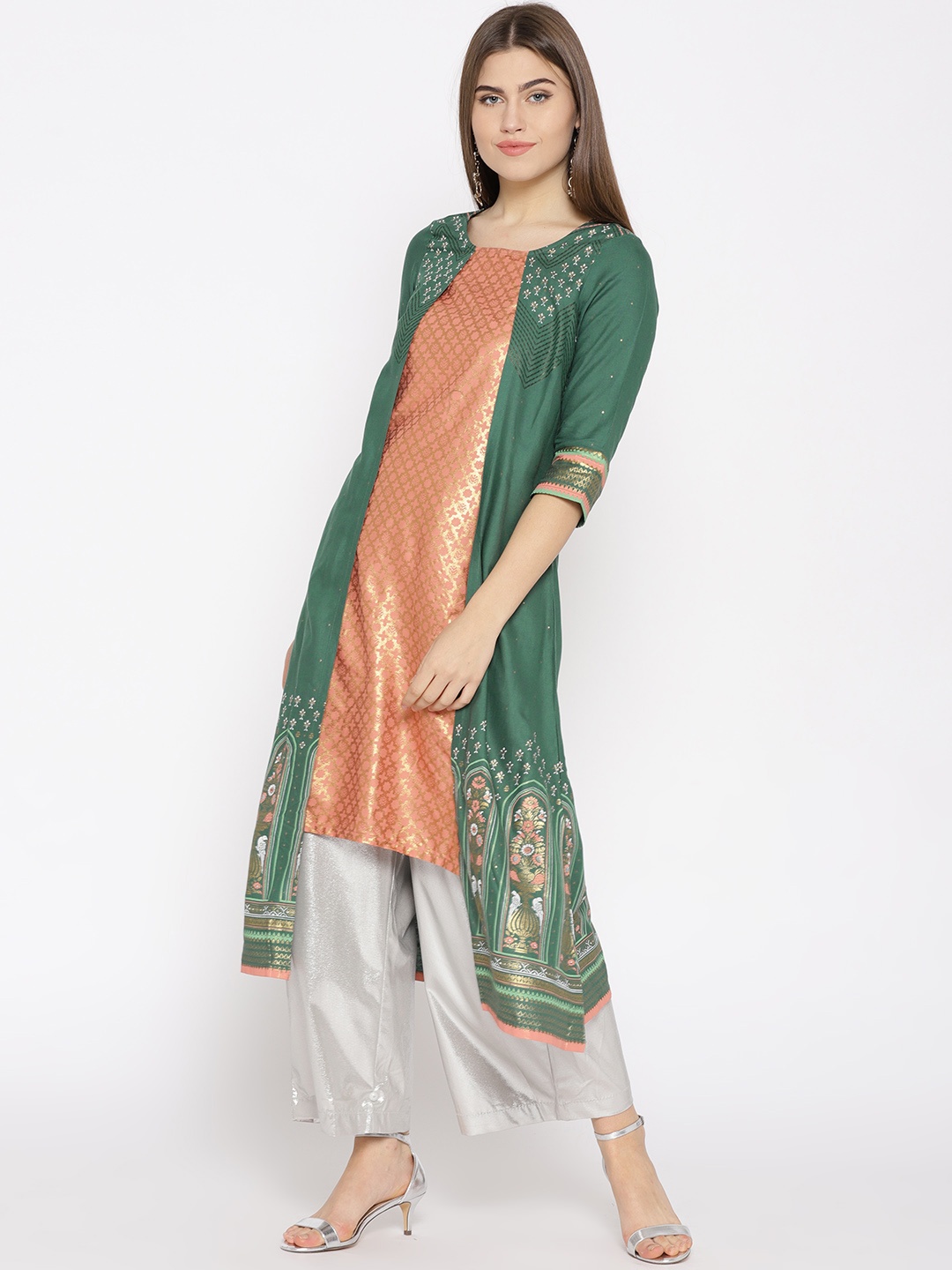 

AURELIA Women Green & Peach-Coloured Layered Printed A-Line Kurta