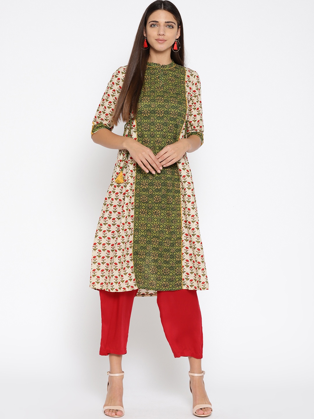 

AURELIA Women Green & Cream-Coloured Printed A-Line Kurta