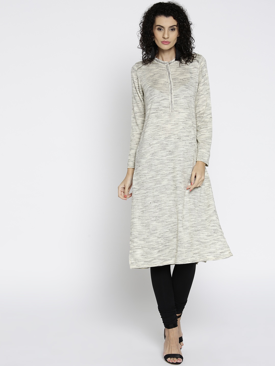 

AURELIA Women Off-White & Brown Flecked Effect Straight Winter Kurta