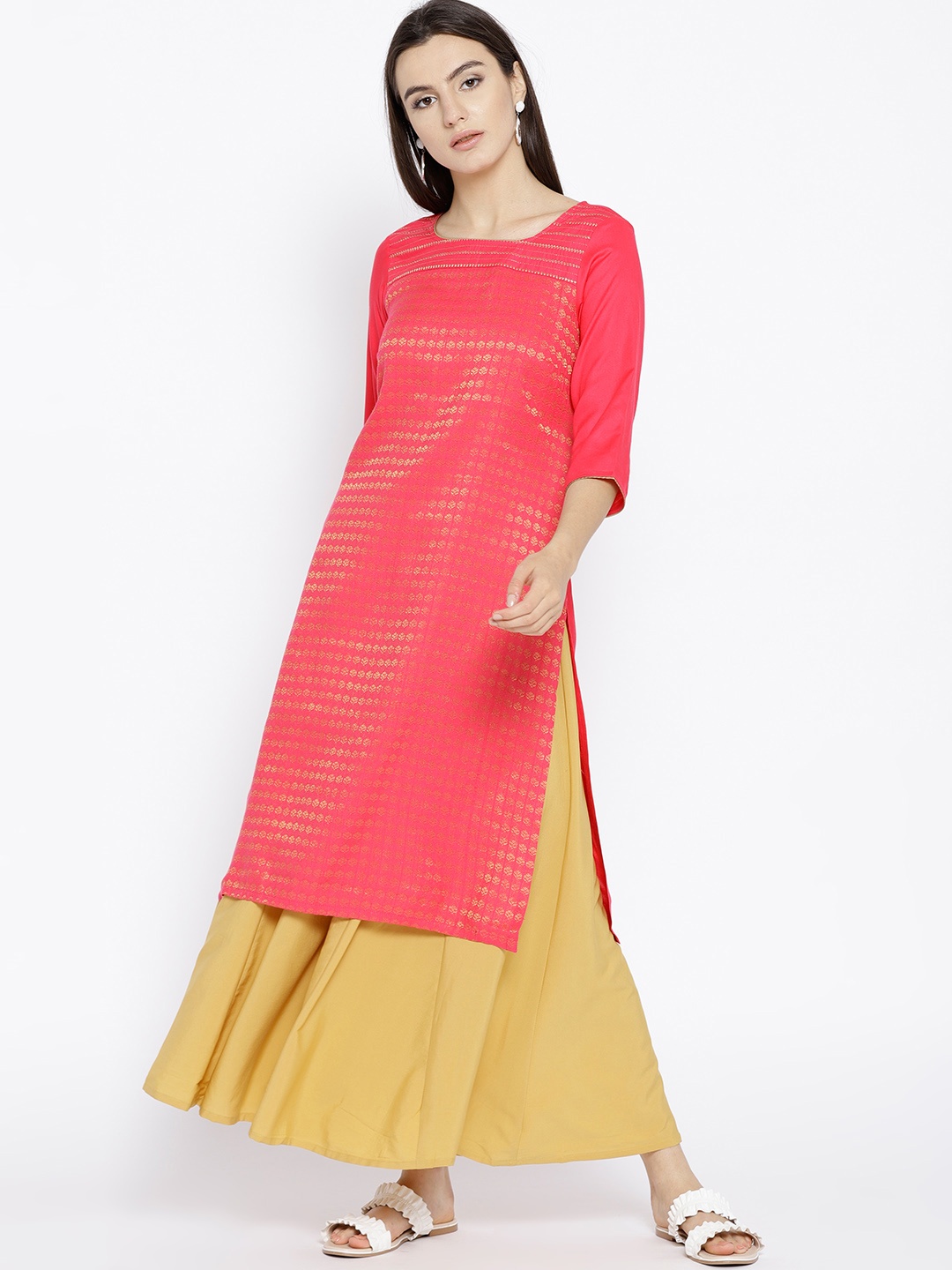 

AURELIA Women Pink & Golden Woven Design Straight Kurta