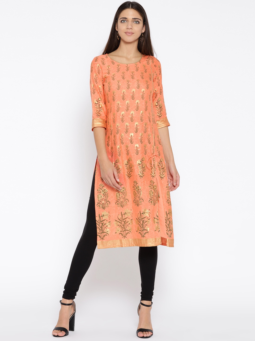

AURELIA Women Peach-Coloured Printed Straight Kurta
