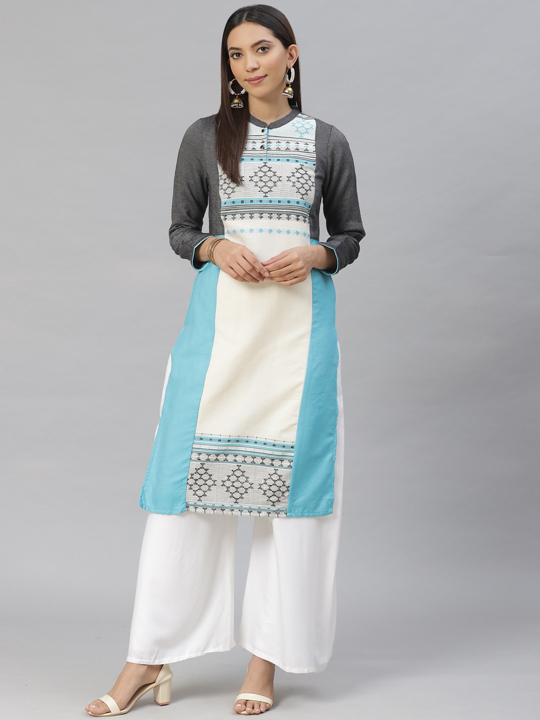 

AURELIA Women Off-White & Blue Woven Design Straight Winter Kurta