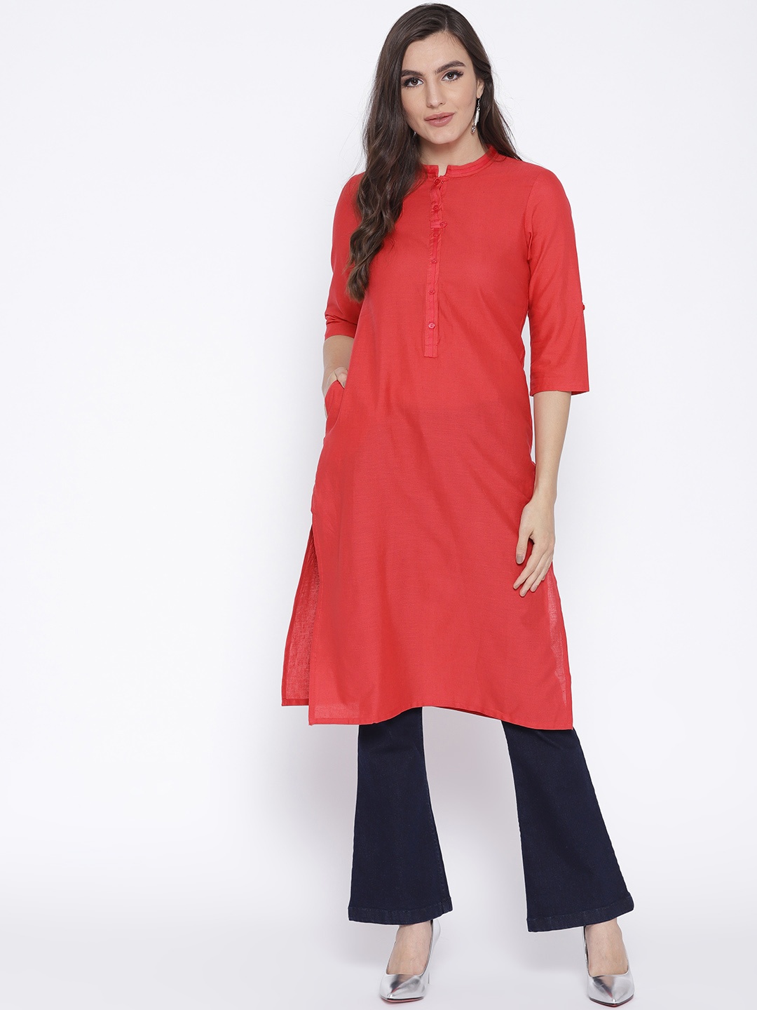 

AURELIA Women Red Solid Straight Kurta