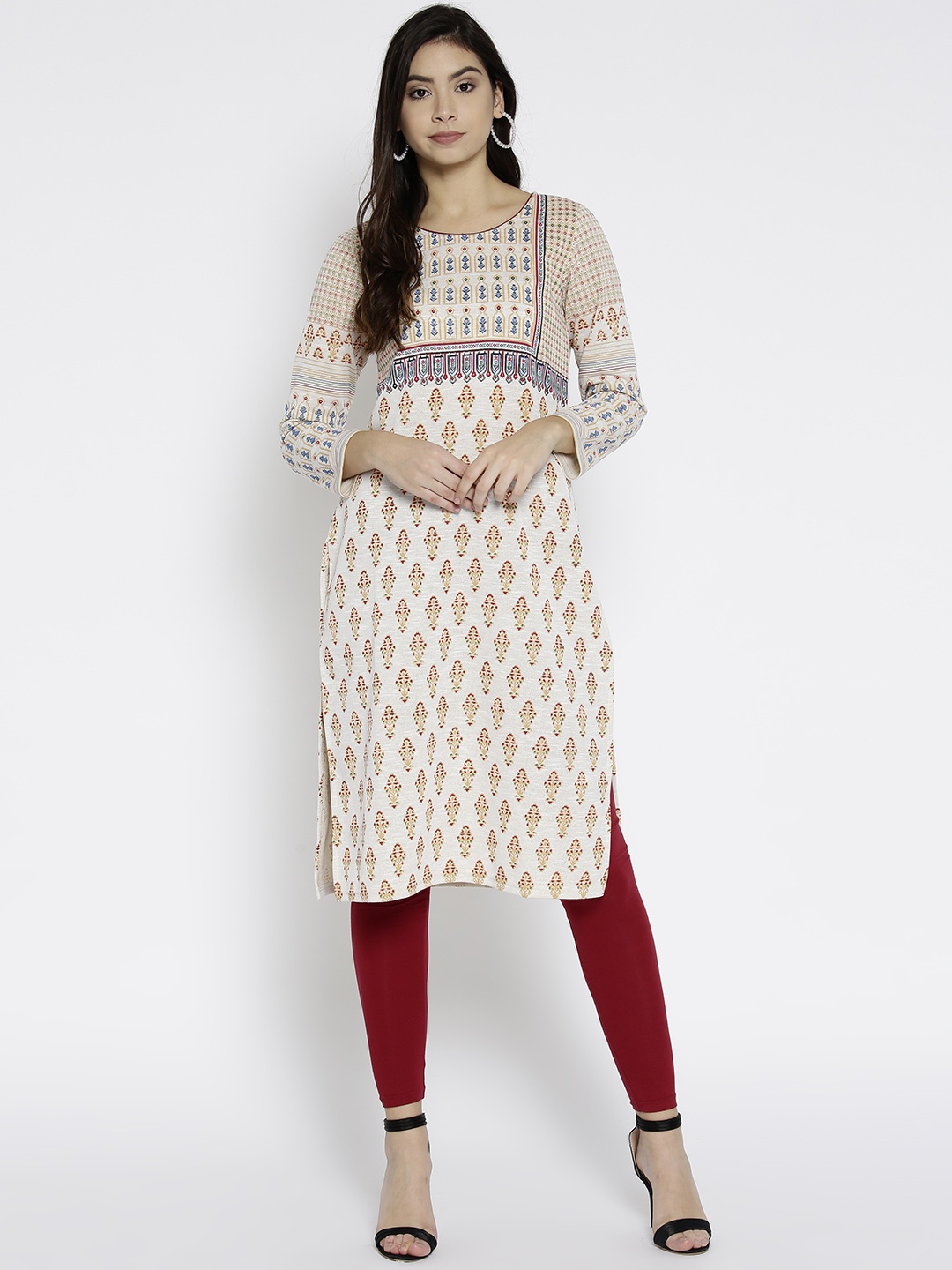 

AURELIA Women Off-White & Maroon Printed Design Straight Winter Kurta