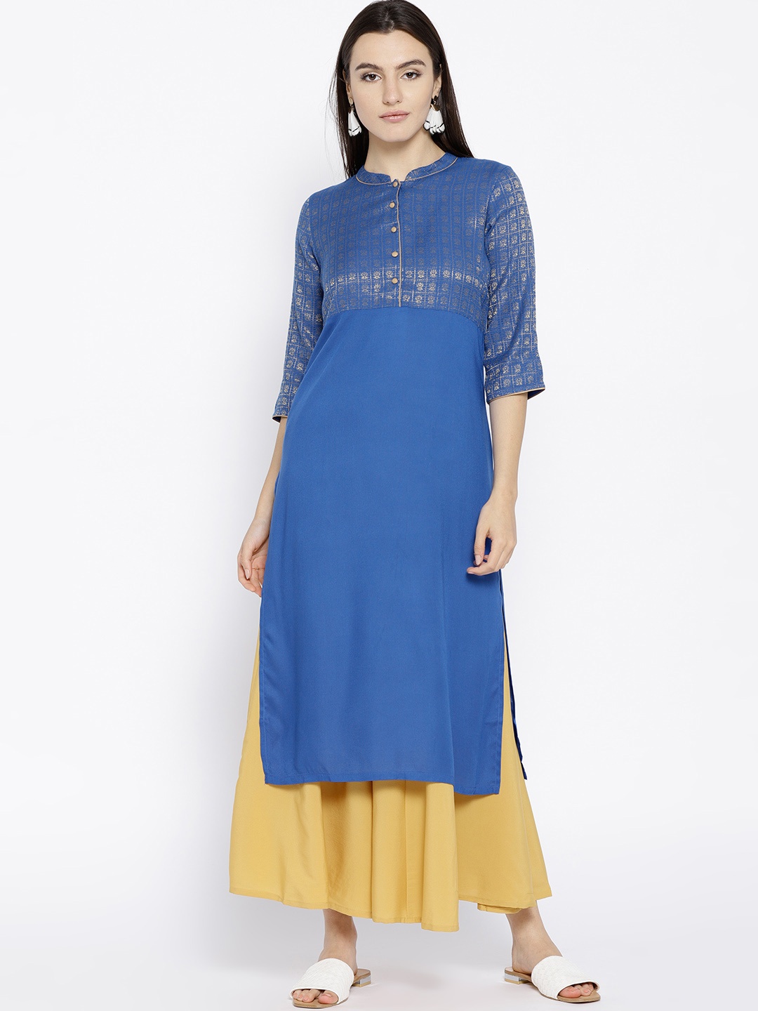 

AURELIA Women Blue & Golden Yoke Design Straight Kurta