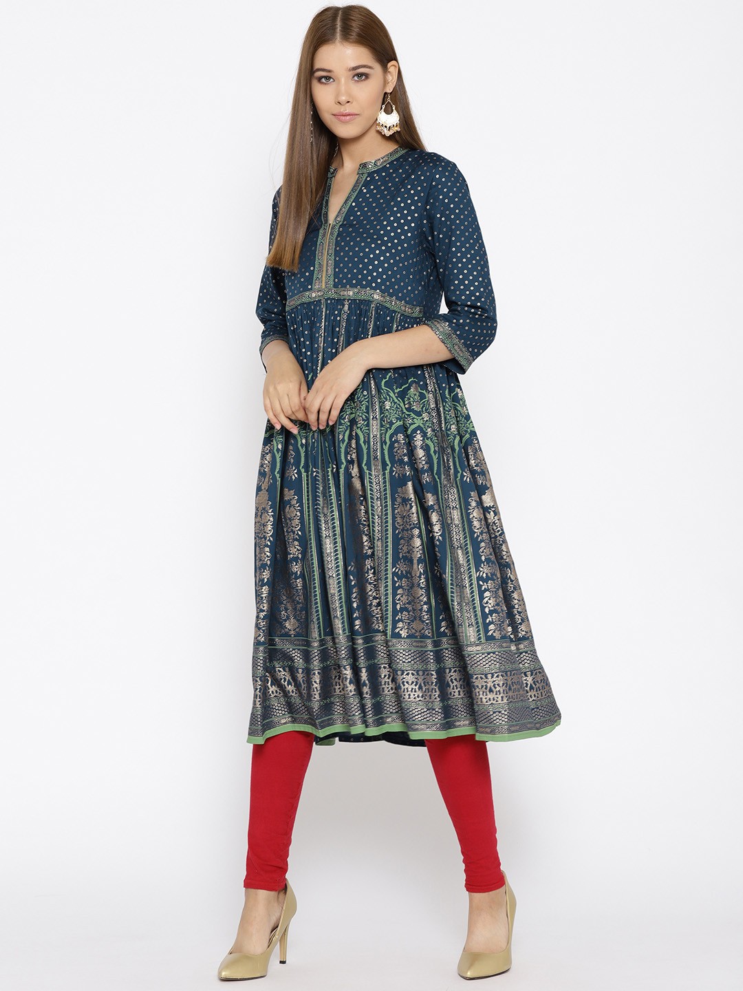 

AURELIA Women Navy Blue & Golden Printed A-Line Kurta