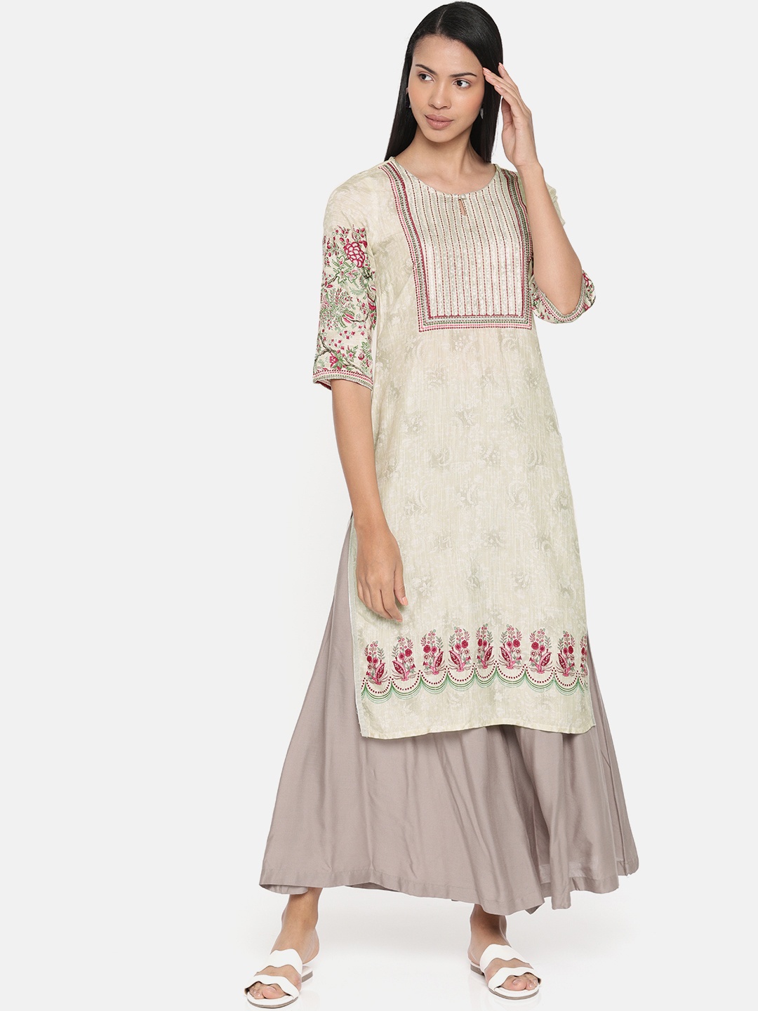 

AURELIA Women Beige & White Printed Straight Kurta