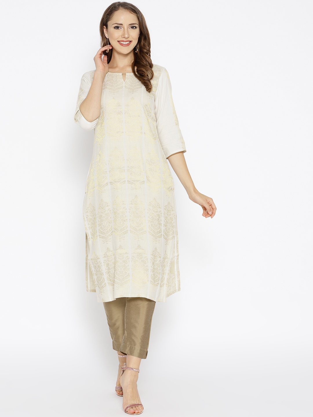 

AURELIA Women White & Golden Woven Design Straight Kurta