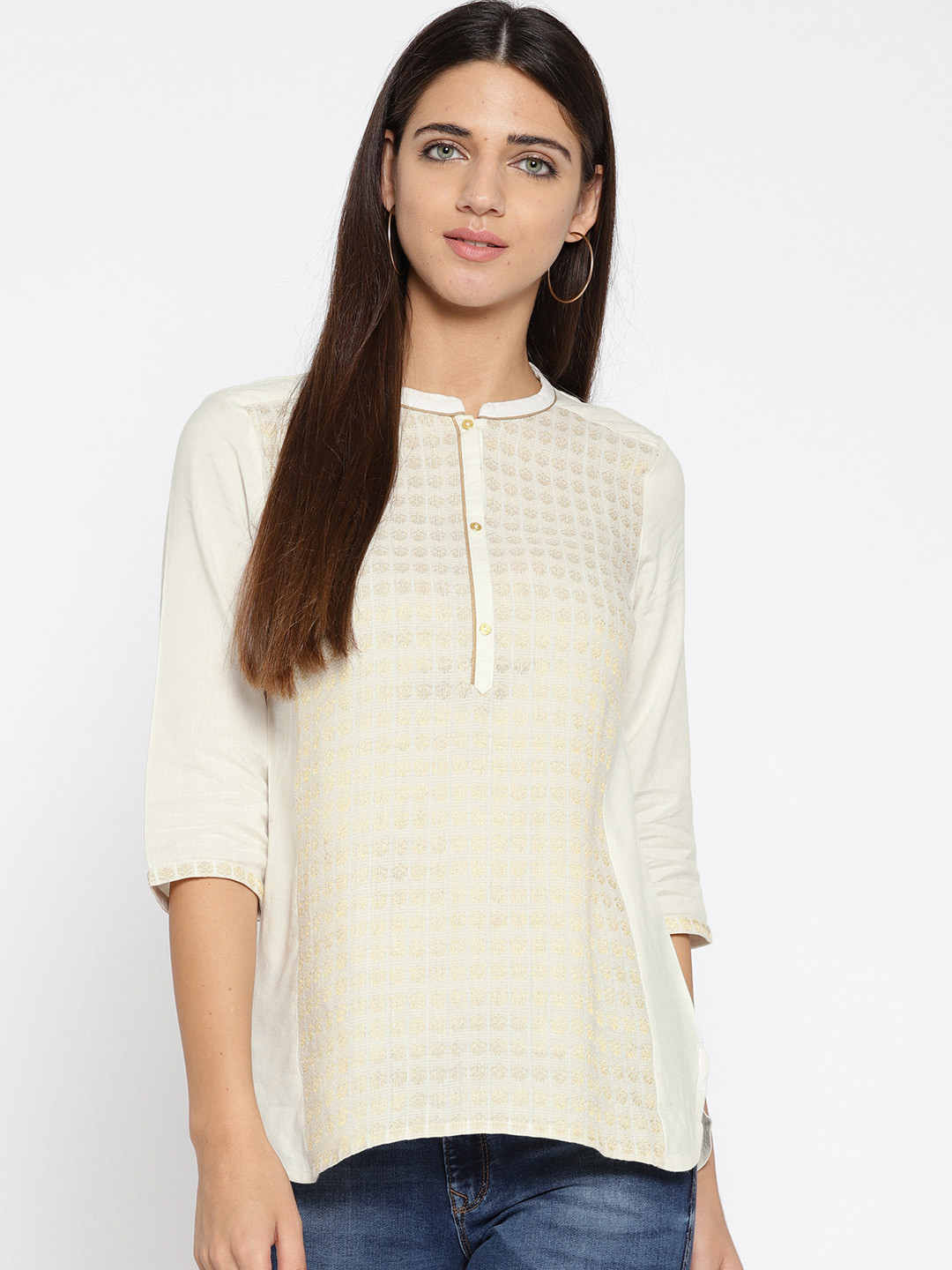 

AURELIA Women Off-White & Golden Woven Design Straight Kurti