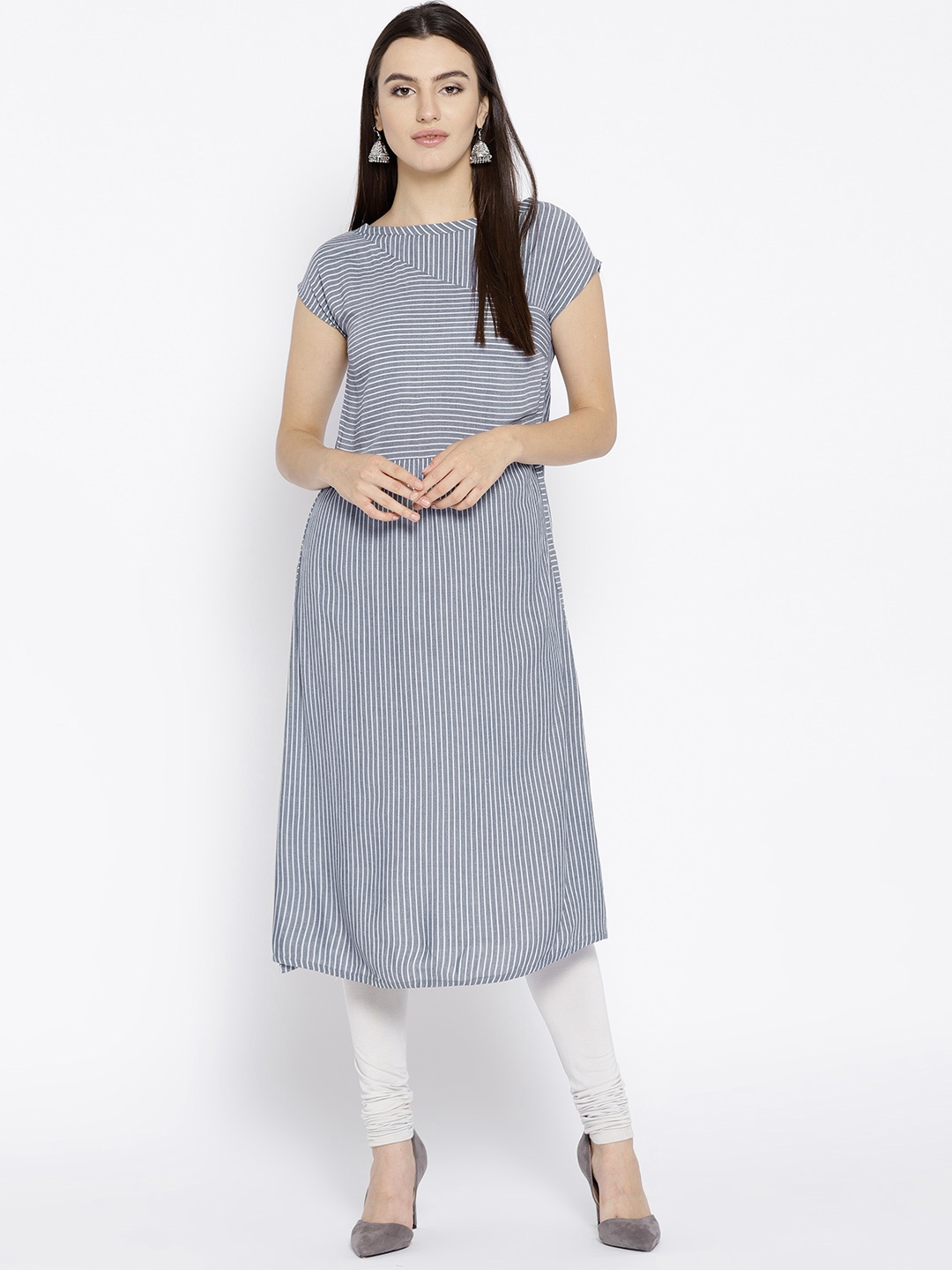 

AURELIA Women Blue & White Striped Straight Kurta