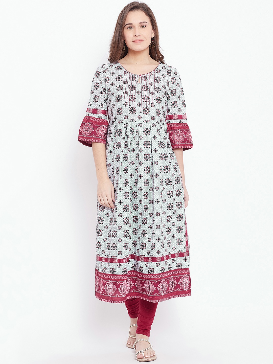 

AURELIA Women Grey & Maroon Printed A-Line Kurta