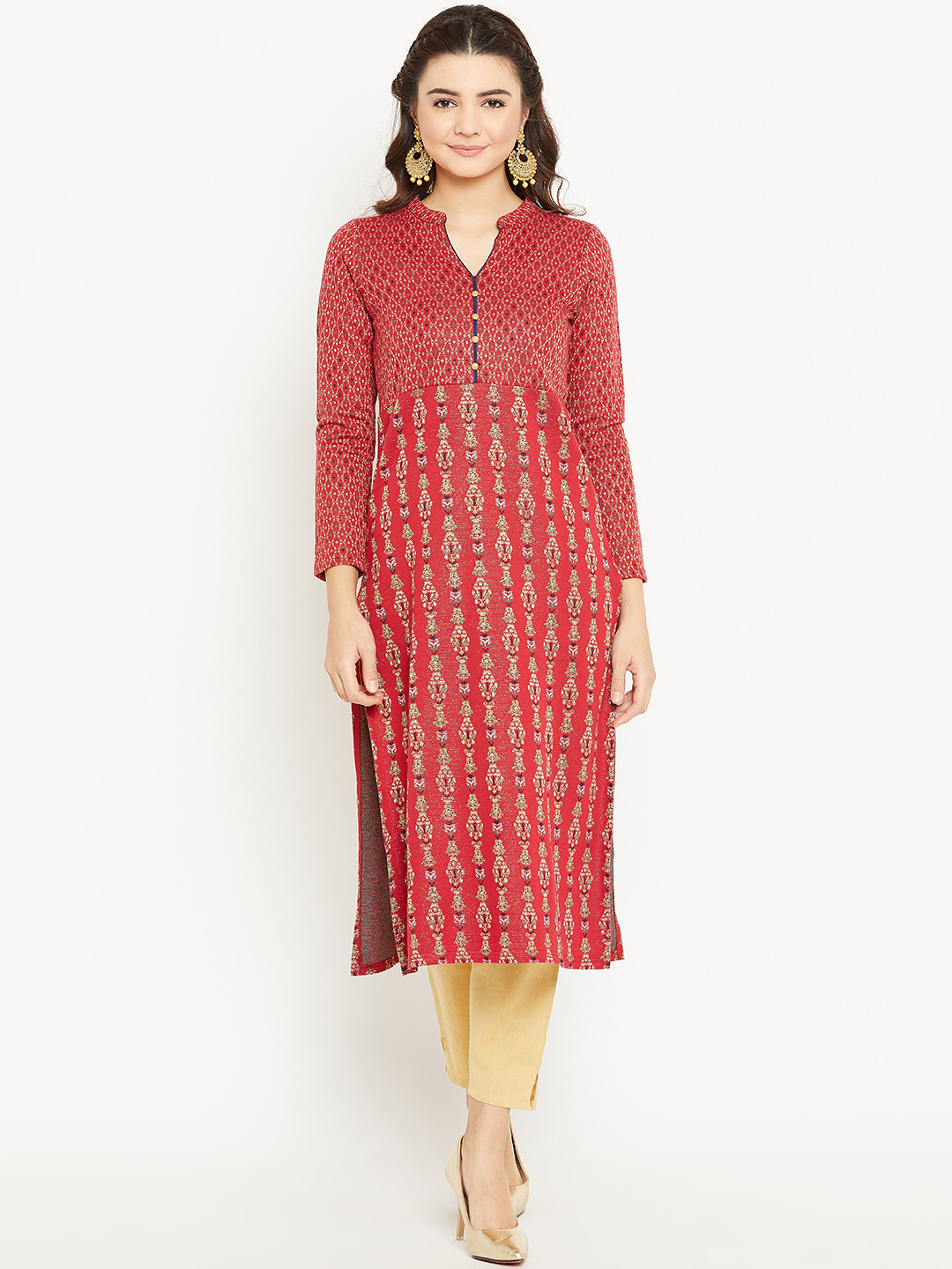 

AURELIA Women Red & Golden Woven Design Straight Kurta
