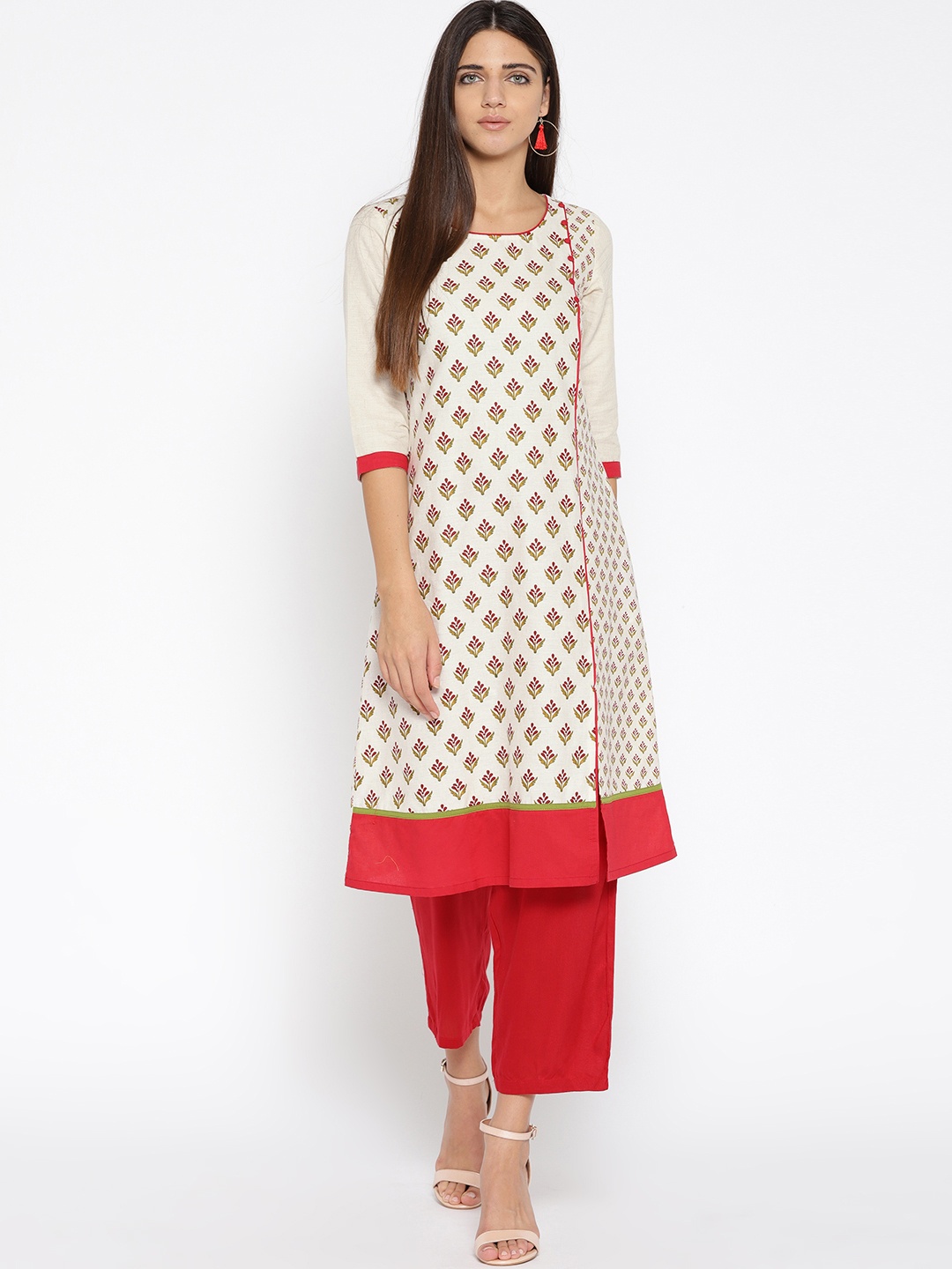 

AURELIA Women Off-White & Red Printed A-Line Kurta