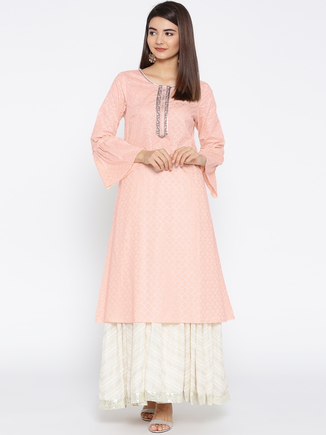 

AURELIA Women Peach-Coloured & Silver Printed A-Line Kurta