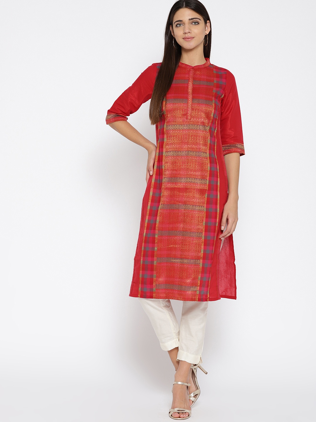 

AURELIA Women Red & Golden Woven Design Straight Kurta