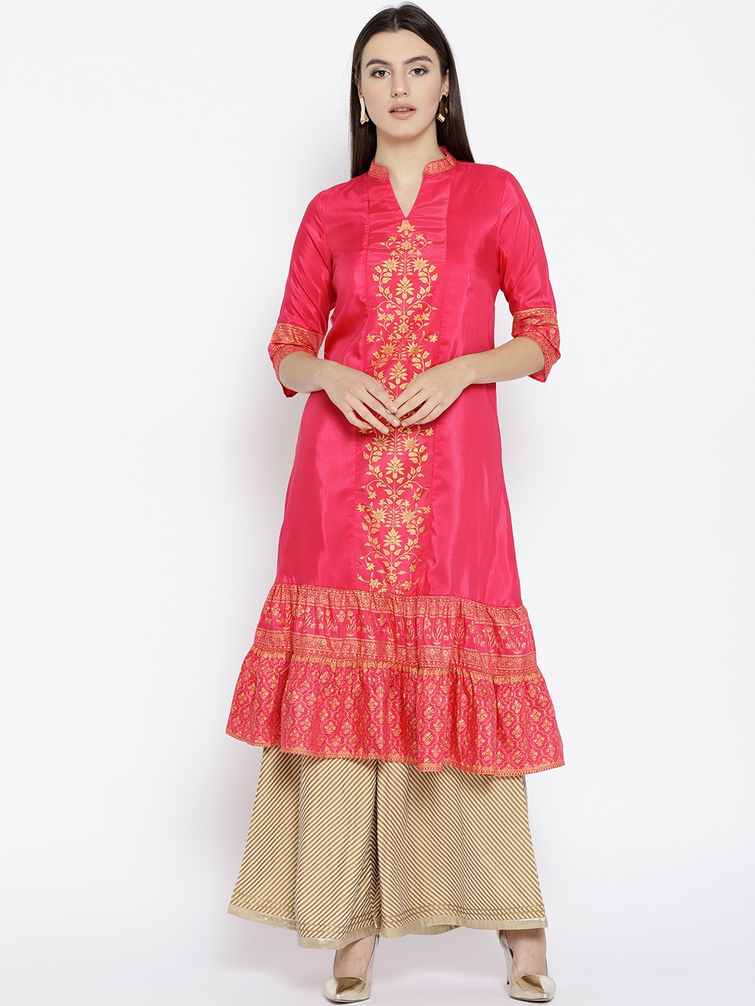 

AURELIA Women Pink & Golden Printed A-Line Kurta