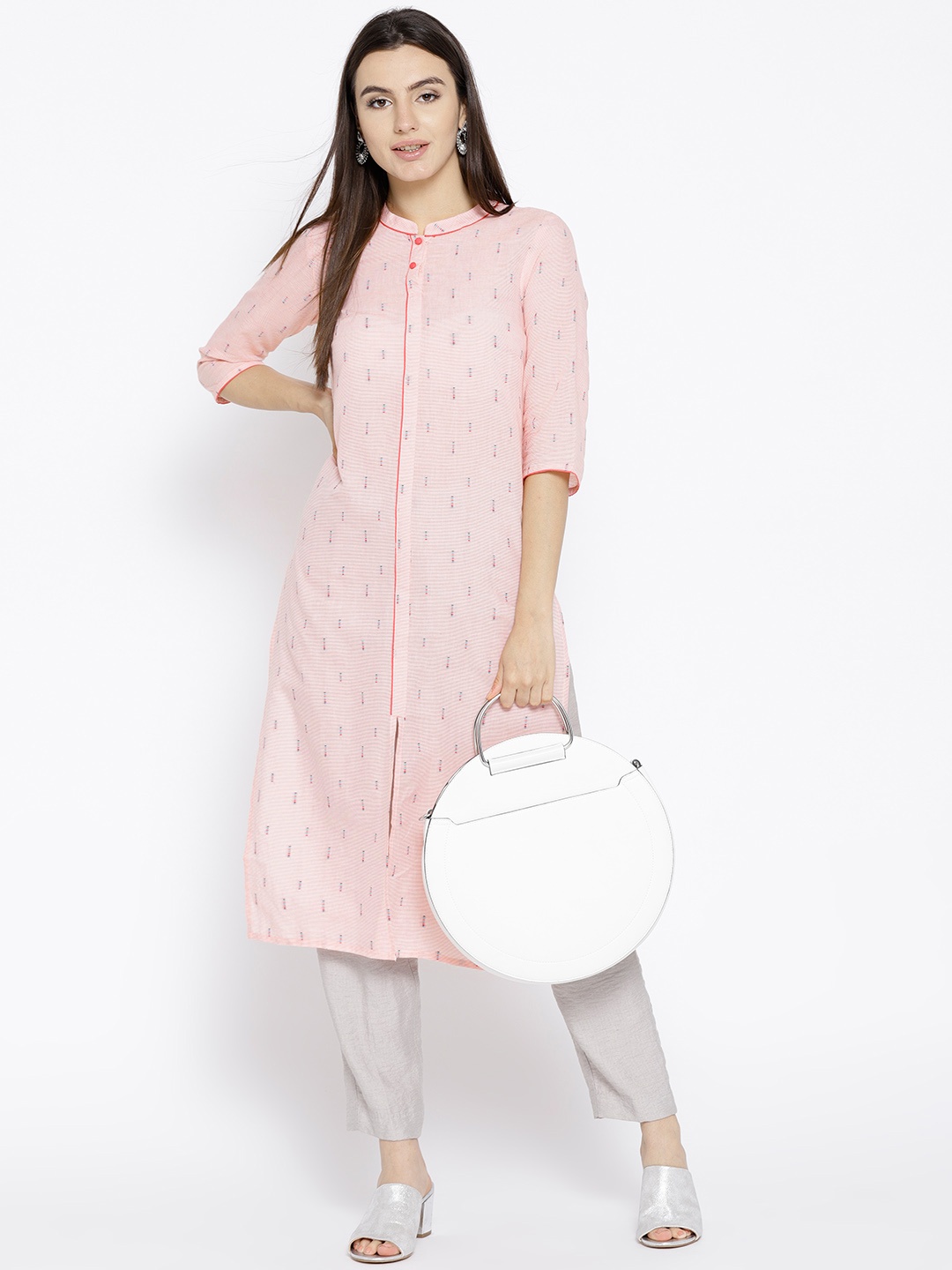 

AURELIA Women Orange & White Striped Straight Kurta